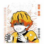 Imagem de um personagem do anime "Demon Slayer" com cabelo amarelo e listras pretas, expressando tristeza. O texto destaca "Thunder Breathing" e elementos visuais relacionados ao tema.