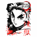 Imagem do personagem de "Demon Slayer" (Kimetsu no Yaiba), com um olhar intenso e traços marcantes, apresentando detalhes em preto e branco com toques de vermelho, destacando a temática de luta e ação do anime.