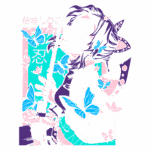 Ilustração de uma personagem feminina com cabelo escuro e expressão serena, segurando uma espada, cercada por borboletas azuis e rosa. O fundo é colorido em tons vibrantes de azul e rosa, com elementos gráficos que evocam um estilo de anime.