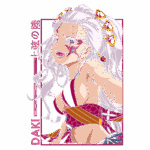 Personagem Daki do anime "Demon Slayer", com cabelo longo e branco, vestindo um traje colorido e exibindo um sorriso provocante. A imagem destaca suas cicatrizes e detalhes faciais, como a maquiagem de flor.