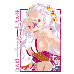 Personagem Daki do anime "Demon Slayer", com cabelo longo e branco, vestindo um traje colorido e exibindo um sorriso provocante. A imagem destaca suas cicatrizes e detalhes faciais, como a maquiagem de flor.