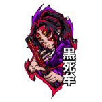 Ilustração de um personagem de estilo anime com cabelo negro e detalhes em roxo, segurando uma katana. O personagem possui múltiplos olhos e um design agressivo, com elementos gráficos vibrantes ao fundo. Texto em caracteres chineses à direita.