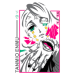 Ilustração de Tanjiro Enmu, personagem de anime, com cabelo escuro e olhos verdes, apresentando uma expressão enigmática. A imagem destaca detalhes como marcas no rosto e uma mão com uma boca desenhada, em um estilo artístico vibrante com cores predominantes em rosa e verde.