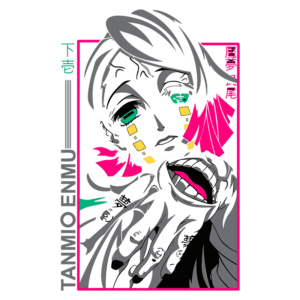 Ilustração de Tanjiro Enmu, personagem de anime, com cabelo escuro e olhos verdes, apresentando uma expressão enigmática. A imagem destaca detalhes como marcas no rosto e uma mão com uma boca desenhada, em um estilo artístico vibrante com cores predominantes em rosa e verde.