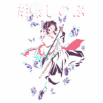 Personagem de anime com espada, vestindo um traje colorido, cercado por borboletas, representando a transformação e a luta.