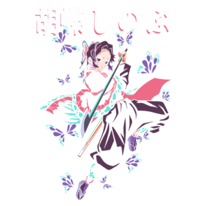 Personagem de anime com espada, vestindo um traje colorido, cercado por borboletas, representando a transformação e a luta.