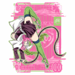 Imagem de uma personagem de estilo anime, com cabelo rosa e trançado, usando uma saia curta e meias verdes, em uma pose dinâmica. O fundo é colorido em tons de rosa, com elementos gráficos que destacam o tema. Ideal para fãs de cultura pop e ilustrações de personagens.