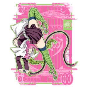 Imagem de uma personagem de estilo anime, com cabelo rosa e trançado, usando uma saia curta e meias verdes, em uma pose dinâmica. O fundo é colorido em tons de rosa, com elementos gráficos que destacam o tema. Ideal para fãs de cultura pop e ilustrações de personagens.