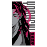 Ilustração de personagem de anime com cabelo vermelho e preto, destacando detalhes de seu rosto e acessórios. O fundo apresenta elementos gráficos em tons de cinza e vermelho, com texto estilizado em japonês. Ideal para fãs de cultura pop e animes.