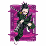 Personagem Genya Shinazugawa da série de anime, posicionado em uma ação dinâmica com armas em mãos, fundo colorido em tons de rosa e detalhes gráficos.