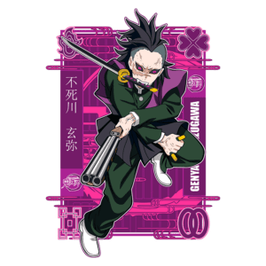 Personagem Genya Shinazugawa da série de anime, posicionado em uma ação dinâmica com armas em mãos, fundo colorido em tons de rosa e detalhes gráficos.