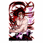 Personagem de anime com cabelo vermelho e olhos múltiplos, segurando uma espada, cercado por efeitos de movimento dinâmicos em vermelho e preto. Texto em japonês ao lado.