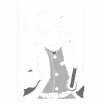 Personagem de anime com cabelo bagunçado e sorriso, vestindo um uniforme de caçador de demônios, segurando uma espada e um bastão, em um fundo simples.