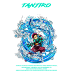 Personagem de anime em uma pose dinâmica, cercado por um redemoinho de água e espuma, vestindo um quimono com padrão xadrez verde e preto. Fundo azul vibrante destaca a ação e a energia da cena.