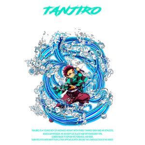 Personagem de anime em uma pose dinâmica, cercado por um redemoinho de água e espuma, vestindo um quimono com padrão xadrez verde e preto. Fundo azul vibrante destaca a ação e a energia da cena.