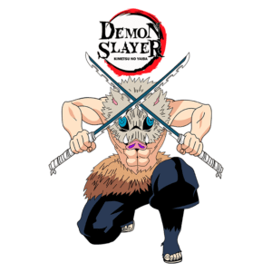 Personagem de Demon Slayer com máscara de javali, segurando duas espadas em posição de ataque, destacando-se em um fundo verde.