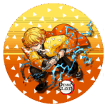 Imagem do personagem Zenitsu Agatsuma de Demon Slayer, agachado e preparando-se para atacar com sua espada, envolto em efeitos elétricos, com um fundo laranja e triângulos brancos.