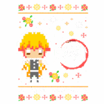 Imagem pixelada de Zenitsu Agatsuma, personagem do anime Demon Slayer, com cabelo amarelo e roupa preta e laranja, decorada com flores e flocos de neve.