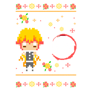 Imagem pixelada de Zenitsu Agatsuma, personagem do anime Demon Slayer, com cabelo amarelo e roupa preta e laranja, decorada com flores e flocos de neve.