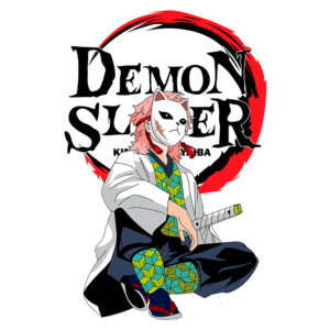 Personagem de Demon Slayer com máscara de gato, sentado em pose de combate, vestindo um kimono e segurando uma espada. Fundo apresenta o logotipo da série em destaque.