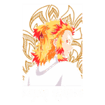 Ilustração de Kyojuro Rengoku, personagem de "Demon Slayer", com cabelo colorido em tons de vermelho e amarelo, olhando para o lado. O fundo apresenta um padrão floral estilizado, destacando sua personalidade vibrante e destemida.