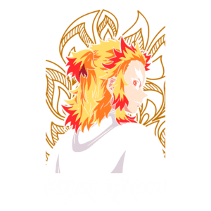 Ilustração de Kyojuro Rengoku, personagem de "Demon Slayer", com cabelo colorido em tons de vermelho e amarelo, olhando para o lado. O fundo apresenta um padrão floral estilizado, destacando sua personalidade vibrante e destemida.