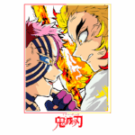 Personagens de anime se enfrentam em um duelo intenso, com chamas ao fundo. Um personagem tem cabelo rosa e listras pretas, enquanto o outro possui cabelo loiro. A arte vibrante destaca suas expressões determinadas.