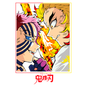 Personagens de anime se enfrentam em um duelo intenso, com chamas ao fundo. Um personagem tem cabelo rosa e listras pretas, enquanto o outro possui cabelo loiro. A arte vibrante destaca suas expressões determinadas.