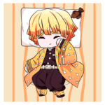 Personagem de anime dormindo em uma cama, vestido com um kimono amarelo decorado e calças pretas, com cabelo loiro e laranja. Fundo com listras em tons claros.