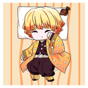 Personagem de anime dormindo em uma cama, vestido com um kimono amarelo decorado e calças pretas, com cabelo loiro e laranja. Fundo com listras em tons claros.