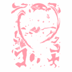 Ilustração de personagem de anime com cabelo longo e solto, vestindo um traje tradicional japonês. A figura está em uma pose dinâmica, com uma expressão intensa, cercada por elementos gráficos em tons de rosa, representando movimento e energia. O fundo inclui um círculo, sugerindo uma lua ou sol, e há texto estilizado em japonês na parte inferior.