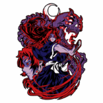 Ilustração de personagem com cabelo vermelho e espada, cercado por elementos sombrios e uma lua crescente, refletindo um estilo de arte inspirado em anime e cultura japonesa.