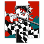 Personagem de anime com cabelo preto e vermelho, usando uma espada, em um fundo artístico vermelho e azul. O personagem está vestido com um padrão quadriculado em preto e branco, expressando determinação.