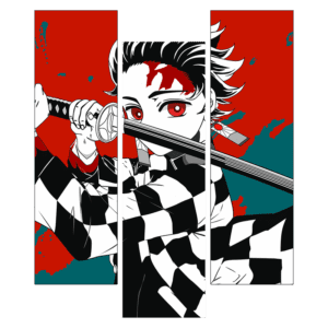 Personagem de anime com cabelo preto e vermelho, usando uma espada, em um fundo artístico vermelho e azul. O personagem está vestido com um padrão quadriculado em preto e branco, expressando determinação.