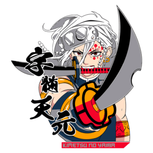 Imagem de um personagem do anime "Kimetsu no Yaiba", com cabelo branco e vestido de lutador, segurando uma katana. O personagem exibe uma expressão determinada e possui detalhes de tatuagens no rosto. O fundo é verde e inclui elementos de design gráfico.