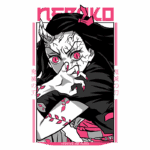 Imagem da personagem Nezuko, do anime "Kimetsu no Yaiba", com aparência de demônio e detalhes em rosa e preto, destacando seus olhos grandes e expressão intensa.