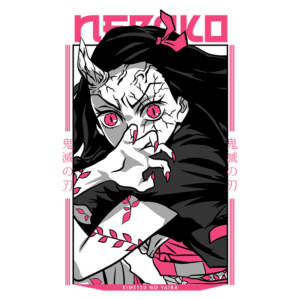 Imagem da personagem Nezuko, do anime "Kimetsu no Yaiba", com aparência de demônio e detalhes em rosa e preto, destacando seus olhos grandes e expressão intensa.