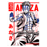 Ilustração de um personagem masculino demoníaco com pele azul e branca, medindo 173 cm e pesando 74 kg, usando roupas tradicionais e posando em uma atitude de combate. O fundo apresenta o nome "Akaza" em destaque, com elementos gráficos em vermelho.