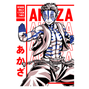 Ilustração de um personagem masculino demoníaco com pele azul e branca, medindo 173 cm e pesando 74 kg, usando roupas tradicionais e posando em uma atitude de combate. O fundo apresenta o nome "Akaza" em destaque, com elementos gráficos em vermelho.