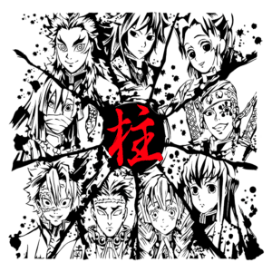 Ilustração em estilo artístico de personagens de anime, apresentando dez figuras distintas em um design dinâmico com detalhes em preto e vermelho. O texto em destaque no centro representa a palavra "Pilar", simbolizando os pilares da história.