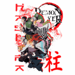 Imagem dos personagens principais do anime "Demon Slayer", com fundo vermelho e elementos gráficos dinâmicos, destacando a luta contra demônios.
