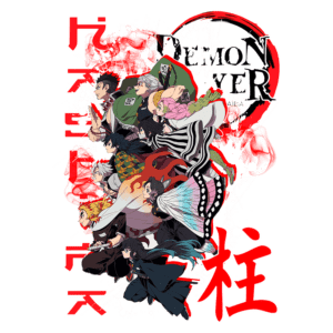 Imagem dos personagens principais do anime "Demon Slayer", com fundo vermelho e elementos gráficos dinâmicos, destacando a luta contra demônios.