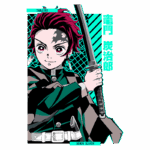 Ilustração de Tanjiro Kamado, personagem principal de Demon Slayer, segurando uma katana. Ele possui cabelo vermelho e uma expressão determinada, com um fundo colorido que destaca seu traje de caçador de demônios.
