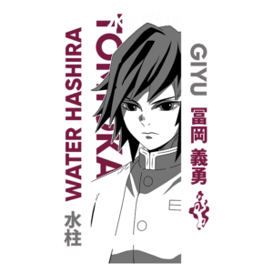 Ilustração do personagem Giyu Tomioka, Hashira da Água, com expressão séria e traços em estilo de anime. O design inclui texto em português e japonês, destacando seu papel como lutador no universo de Demon Slayer.