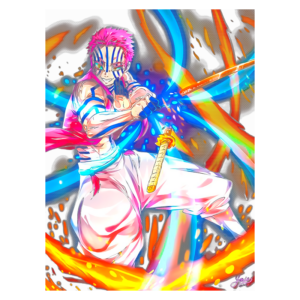 Personagem de anime com cabelo rosa e pintura facial colorida, empunhando uma espada, cercado por efeitos de luz azul e laranja, em um fundo escuro e vibrante.