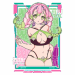 Ilustração de uma personagem feminina com cabelo rosa e verde, usando um biquíni estilizado e acessórios. O fundo é colorido e possui elementos gráficos modernos, destacando o estilo anime.