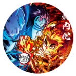 Imagem de uma cena de batalha do anime "Demon Slayer", apresentando os personagens principais em um confronto intenso. O personagem da esquerda, com tons azuis, enfrenta o personagem da direita, com cabelos amarelos e chamas ao redor. O logotipo "Demon Slayer" está visível na parte inferior.