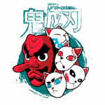 Máscara vermelha com expressão feroz, cercada por quatro rostos de gatos estilizados, cada um com características únicas, em um fundo azul. Design inspirado na cultura pop e no folclore japonês.