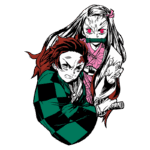Ilustração de Tanjiro e Nezuko Kamado de Demon Slayer, com Tanjiro segurando uma espada e expressando determinação, enquanto Nezuko, com um olhar feroz, aparece atrás dele, vestindo um kimono. Ideal para fãs de anime e mangá.