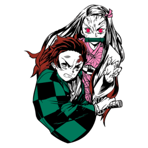Ilustração de Tanjiro e Nezuko Kamado de Demon Slayer, com Tanjiro segurando uma espada e expressando determinação, enquanto Nezuko, com um olhar feroz, aparece atrás dele, vestindo um kimono. Ideal para fãs de anime e mangá.